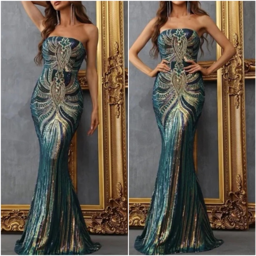 Strapless Green and Gold Sequin Gown for Prom